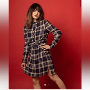 Rag & Bone Felicia Navy Blue Plaid Wool Blend Tie Waist Long Sleeve Shirt Dress